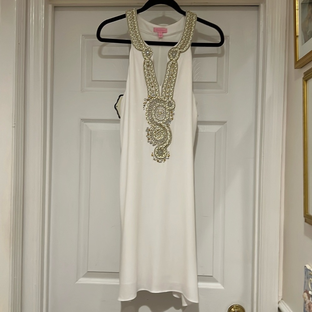 Lilly Pulitzer White Dress with Gold Beaded Neckline